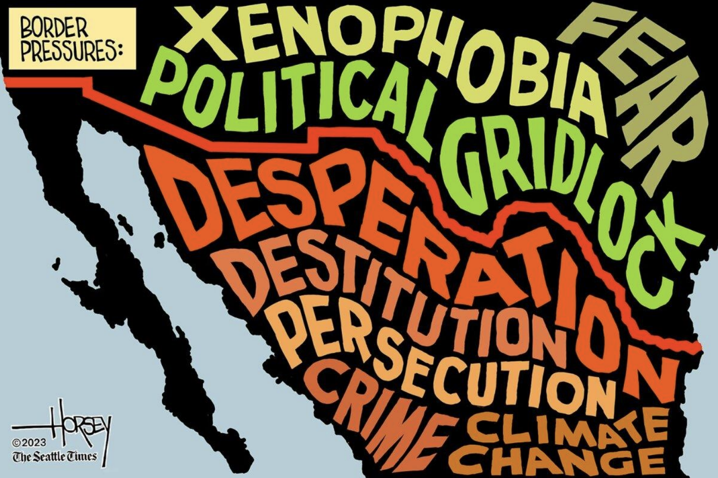 Stilisierte Grenzkarte mit bunten Schlagwörtern wie Desperation, Angst, Kriminalität, Klimawandel und politischem Druck